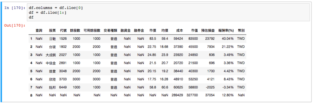 用 pandas 整理後的持股部位 DataFrame
