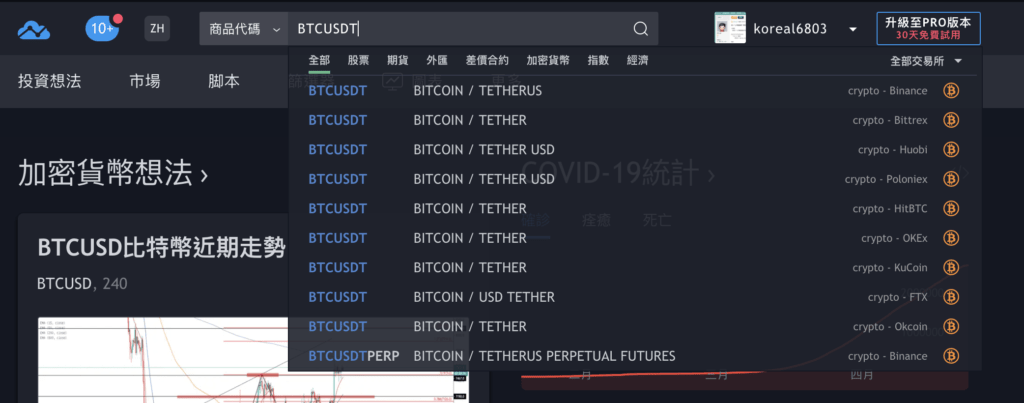 在 TradingView 商品代碼中輸入 BTCUSDT 搜尋比特幣價格