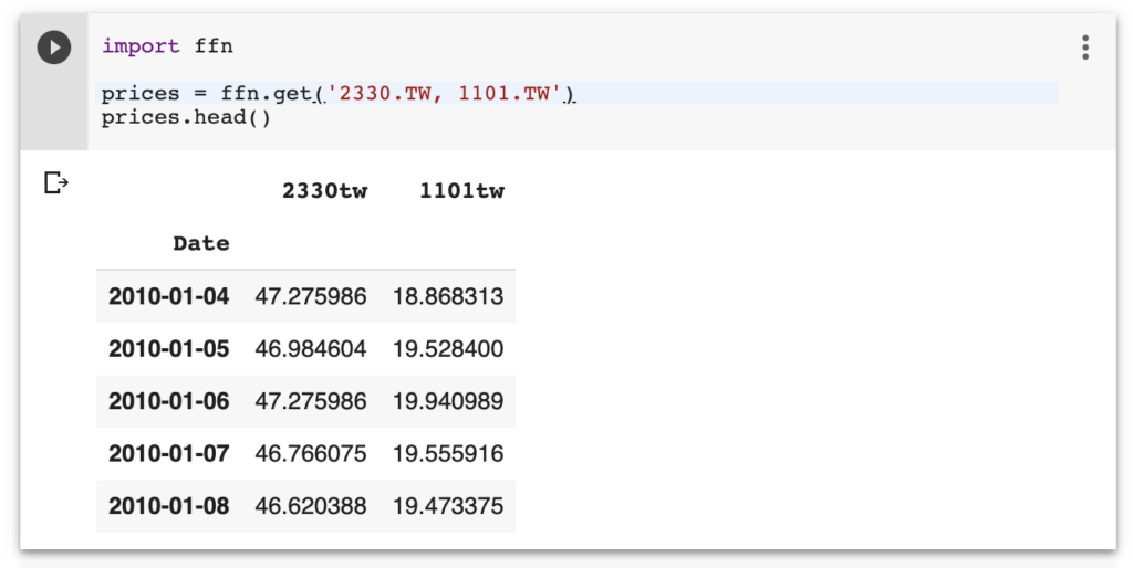 用 ffn.get 取得台積電與台泥股價的 DataFrame