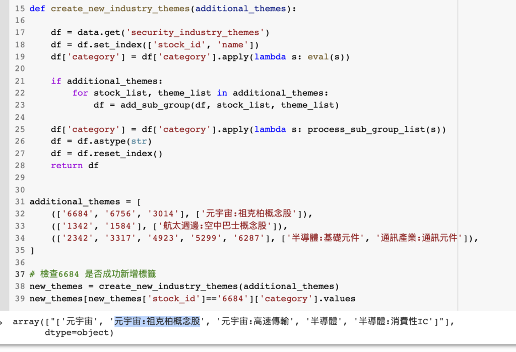 自定義新增產業標籤後檢查 6684 的 category 結果