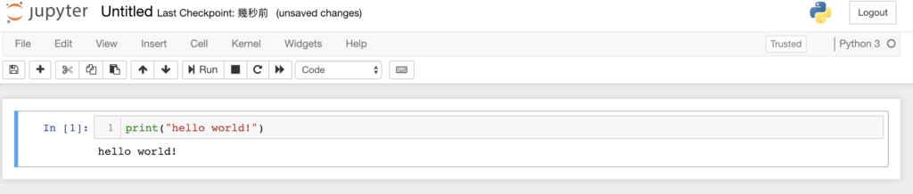 在 Jupyter Notebook 中執行 hello world 的結果畫面