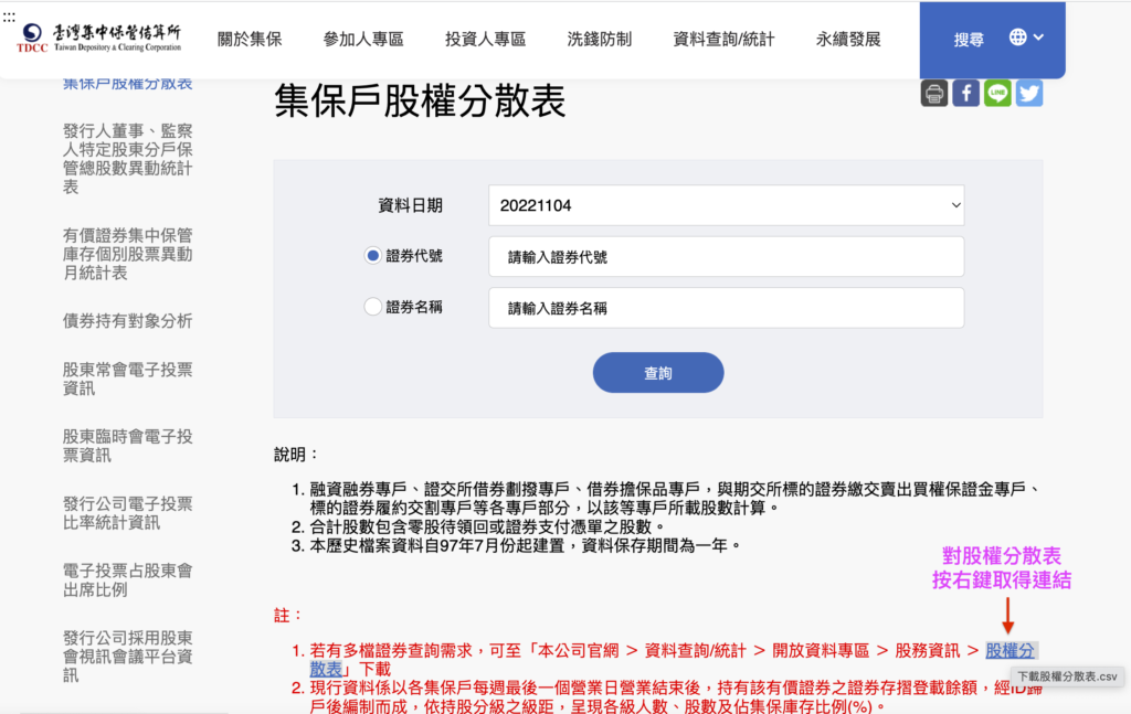 集保戶股權分散表官方查詢網站截圖